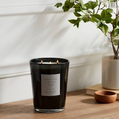  Colored Vase Glass With Dustcover & Black Teak Candle Black - Threshold™