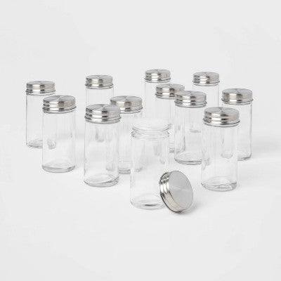  2oz 12pk Round Spice Jar Set - Threshold™: Glass Condiment Servers, Hand Wash, Traditional Style, Clear, 2.7 Volume Capacity