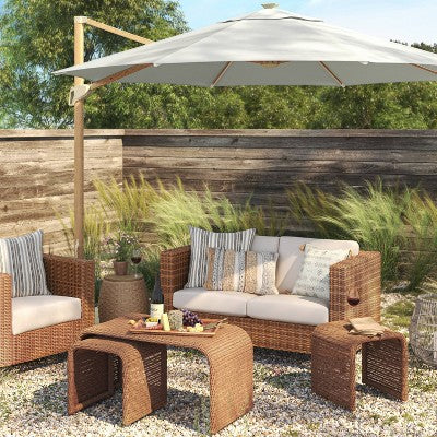  11' Round Offset Solar Outdoor Patio Market Umbrella With Light Wood Pole - Threshold™