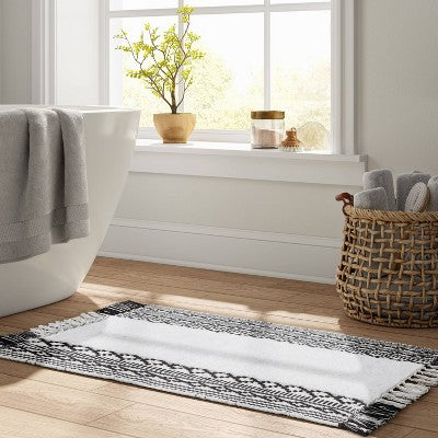  20"x32" Striped Fringe Bath Rug Black/White - Threshold™