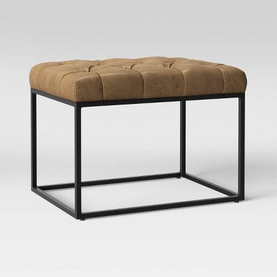  Trubeck Tufted Metal Base Ottoman Faux Leather Brown - Threshold™: Padded Footstool, No Assembly Required