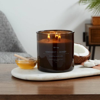  23oz XL 3-Wick Coconut + Honey Wooden Amber Glass With Wood Lid And Stamped Logo Amber - Threshold™