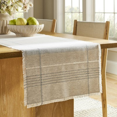  20"x90" Natural Leno Weave Table Runner With Blue Accent - Threshold™ Designed With Studio McGee: Cotton Linen, Plaid, Spring