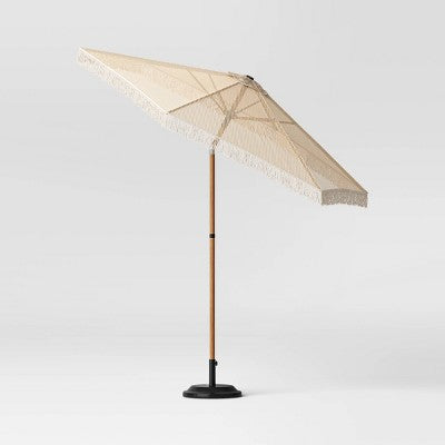  7.5'x7.7' Hexagon Macrame Outdoor Patio Market Umbrella Beige With Faux Wood Pole - Threshold™