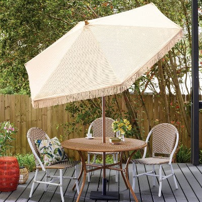  7.5'x7.7' Hexagon Macrame Outdoor Patio Market Umbrella Beige With Faux Wood Pole - Threshold™