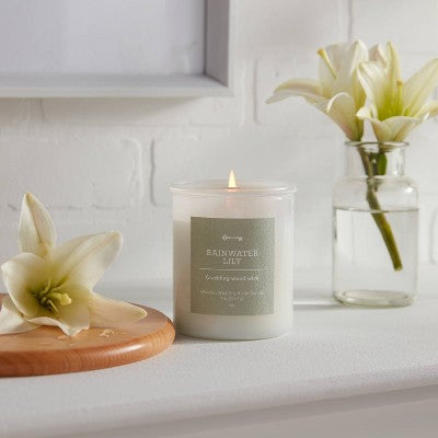  9oz Milky White Glass Woodwick Candle With Wood Lid And Stamped Logo Rainwater Lily - Threshold™