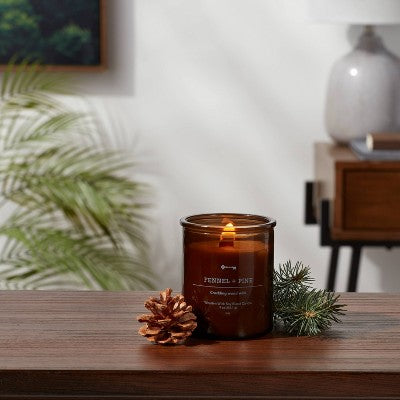  9oz Lidded Amber Glass Jar Crackling Wooden Wick Fennel And Pine Candle - Threshold™