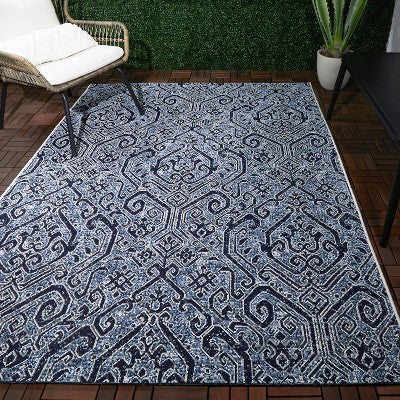  9'2"x12' Paisley Outdoor Rug Blue - Threshold™: Weather-Resistant Traditional Area, Woven Polypropylene