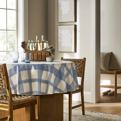  70" Round Oiled Tablecloth Blue Plaid - Threshold™ Designed With Studio McGee: Classic Spring Pattern, OEKO-TEX Certified