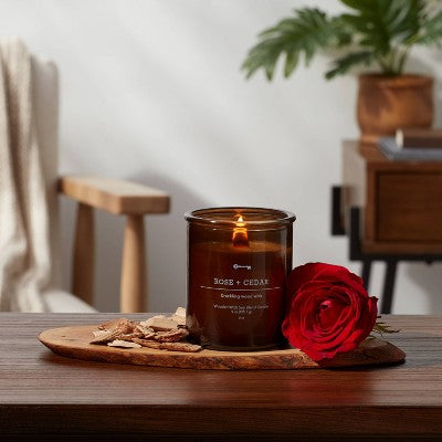  9oz Lidded Glass Jar Crackling Wooden Wick Rose And Cedar Candle - Threshold™