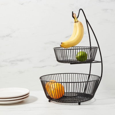  Iron Wire 2-Tier Fruit Basket Wire Banana Hanger Black - Threshold™: Traditional Iron Fruit Stand With Banana Hook