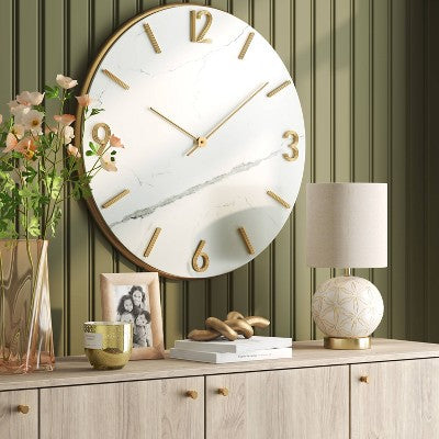  26" Faux Marble Finished In Polished Brass Wall Clock White - Threshold™: Elegant Timepiece For Indoor Use