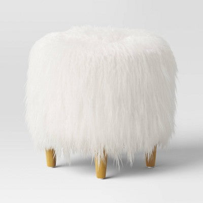  Holley Mongolian Fur/Wood Ottoman Cream - Threshold™: Padded, No Assembly, Plywood Frame