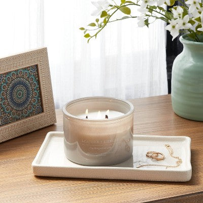  14oz Lidded Gray Glass Jar Crackling Wooden 3-Wick Candle With Clear Label Leather + Embers - Threshold™