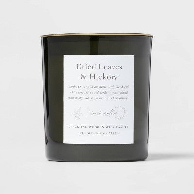  Clear Colored Glass With Woodwick And Brass Metal Inset Lid Dried Leaves + Hickory Candle Green - Threshold™