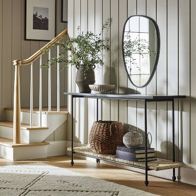  Metal And Rush Weave Top Console Table Black - Threshold™ Designed With Studio McGee: Mahogany Frame, Square Entryway Table