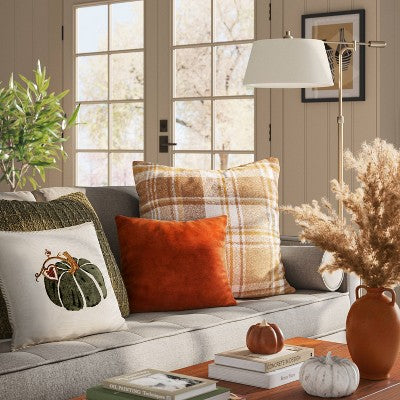  Printed Pumpkin With Blanket Stitch Edge Square Throw Pillow Light Beige - Threshold™