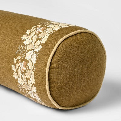  7"x18” Oak Leaf Printed Bolster With Piping Throw Pillow Olive - Threshold™ Designed With Studio McGee