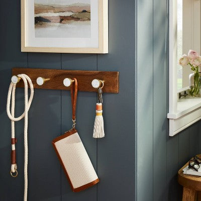  Metal And Faux Marble 4 Gold Hooks Rail On Acacia Wood - Threshold™