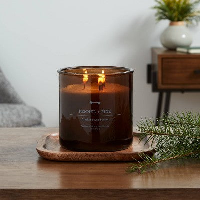  23oz XL 3-Wick Fennel + Pine Wooden Amber Glass With Wood Lid And Stamped Logo Amber Candle - Threshold™